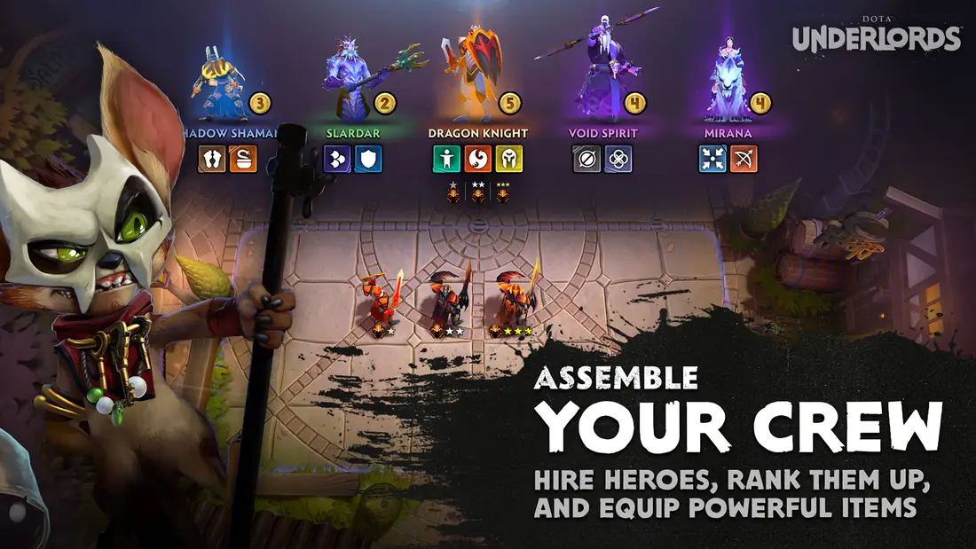 Ταμπλό μάχης στο Dota Underlords με ήρωες τοποθετημένους σε σχηματισμό πριν την αυτόματη μάχη